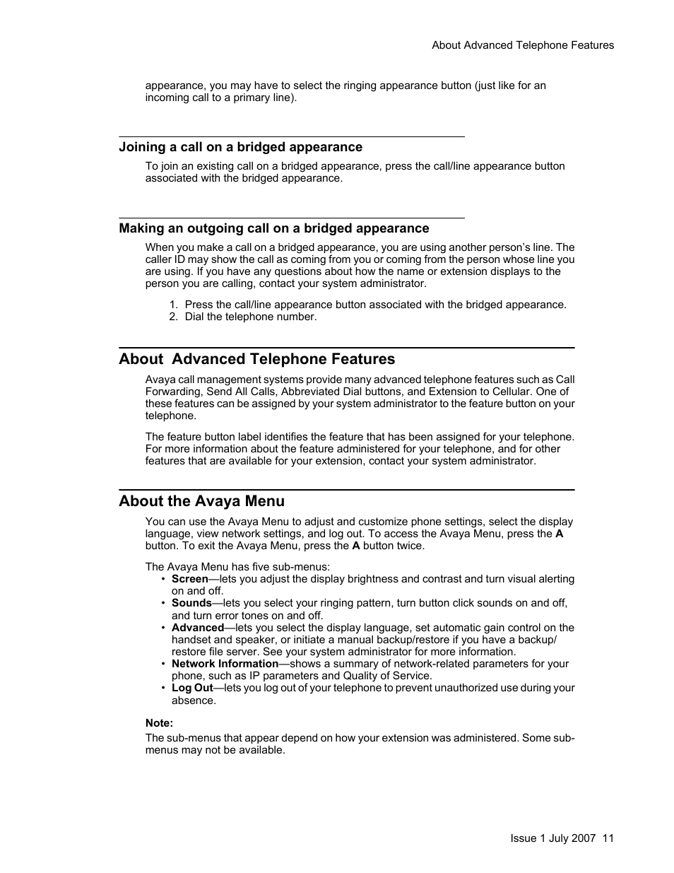 Joining a call on a bridged appearance, Making an outgoing call on a bridged appearance, About advanced telephone features | About the avaya menu | Avaya 1603SW User Manual | Page 11 / 16