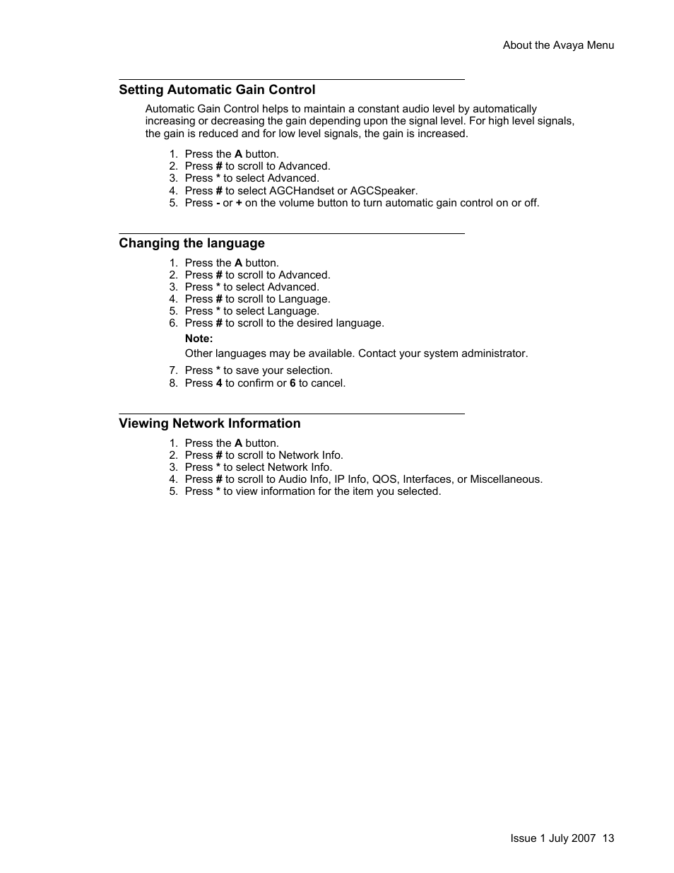 Setting automatic gain control, Changing the language, Viewing network information | Changing the language viewing network information | Avaya 1603SW User Manual | Page 13 / 16