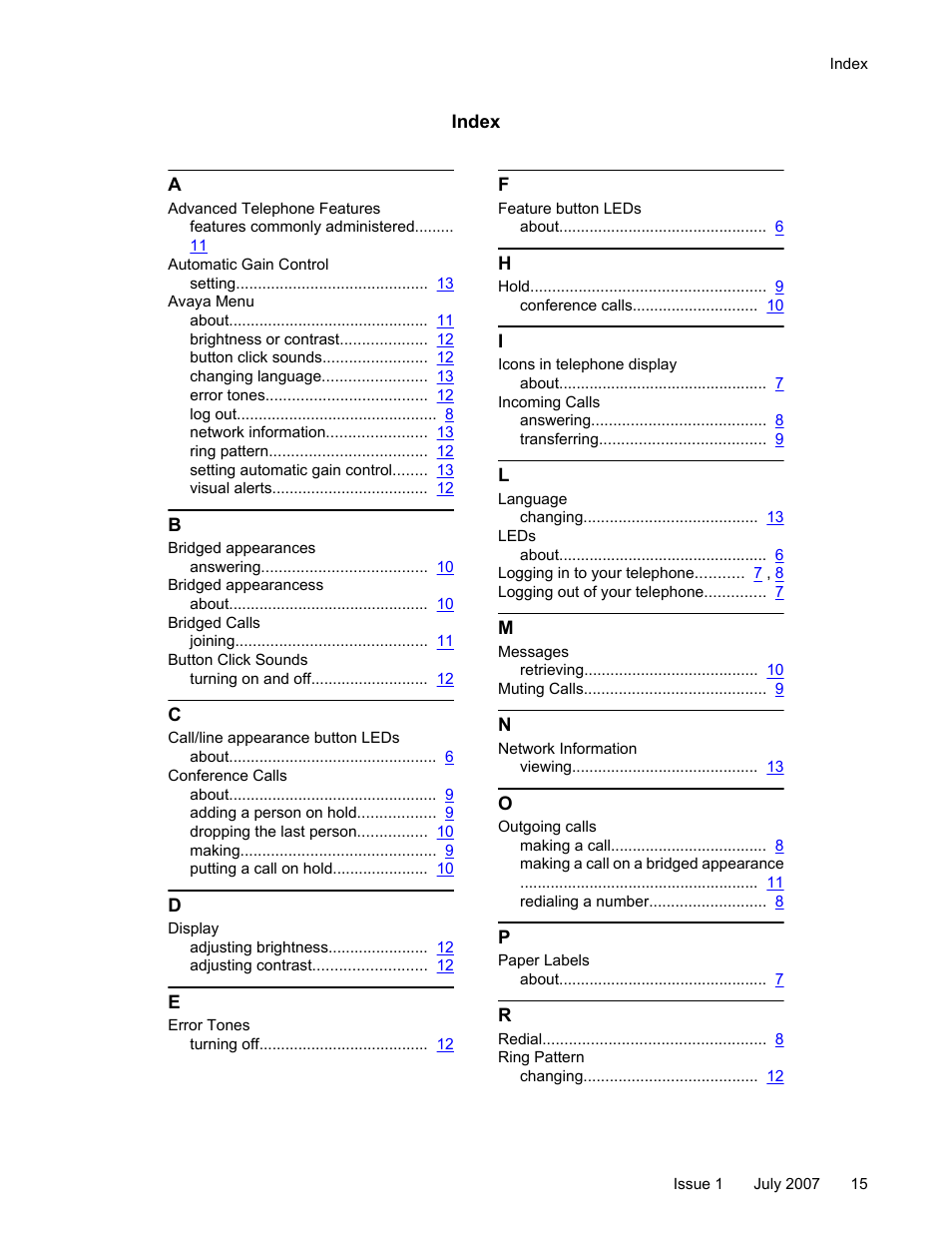 Index | Avaya 1603SW User Manual | Page 15 / 16