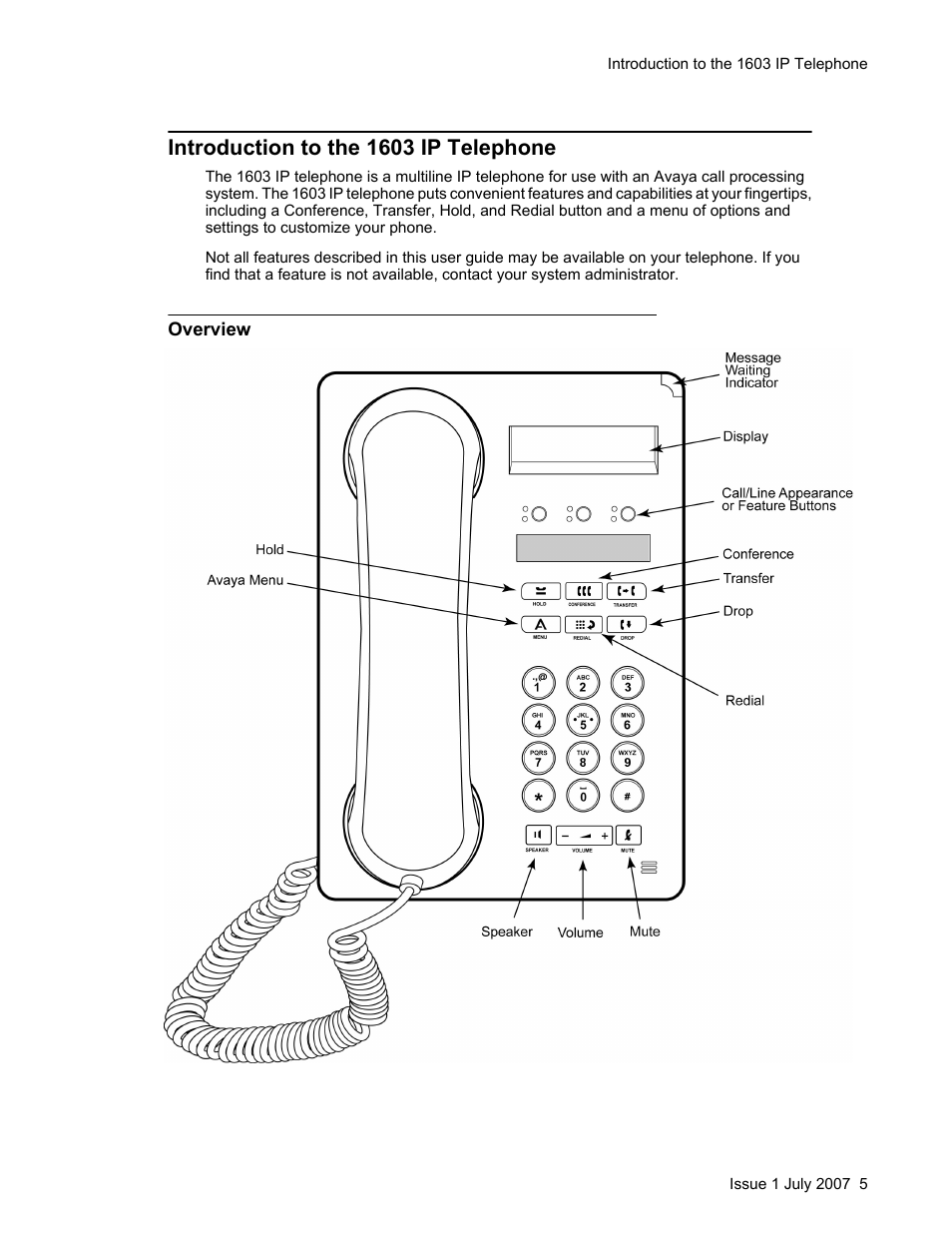 Introduction to the 1603 ip telephone, Overview | Avaya 1603SW User Manual | Page 5 / 16