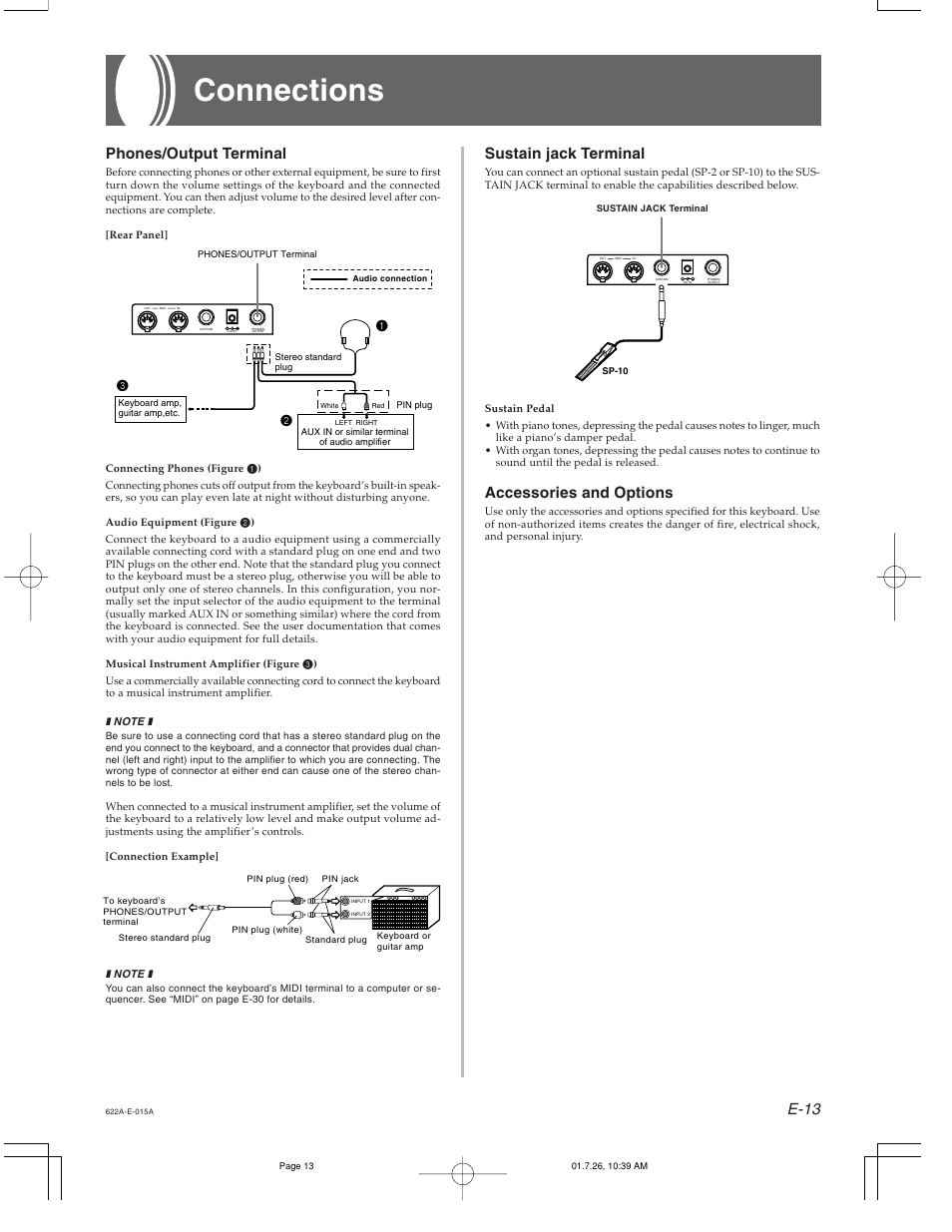 Connections, E-13, Phones/output terminal | Sustain jack terminal, Accessories and options | Casio CTK-451 User Manual | Page 15 / 46