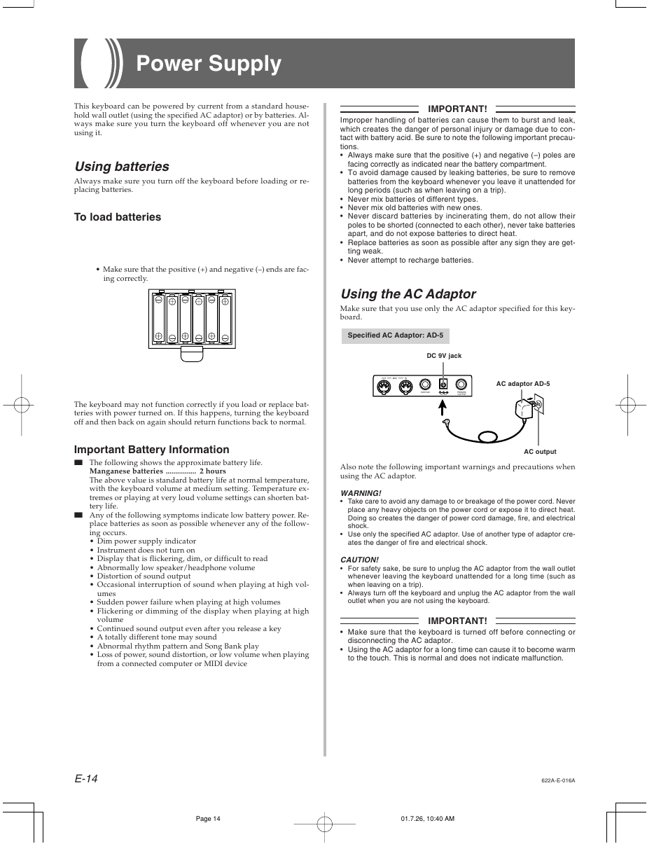 Power supply, Using the ac adaptor, Using batteries | E-14, Important battery information | Casio CTK-451 User Manual | Page 16 / 46