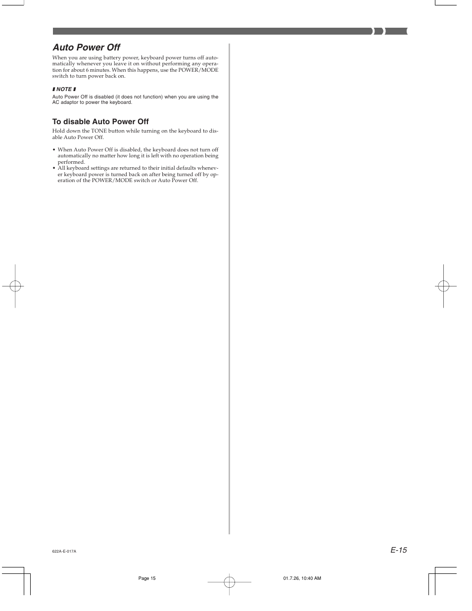 Auto power off, E-15 | Casio CTK-451 User Manual | Page 17 / 46