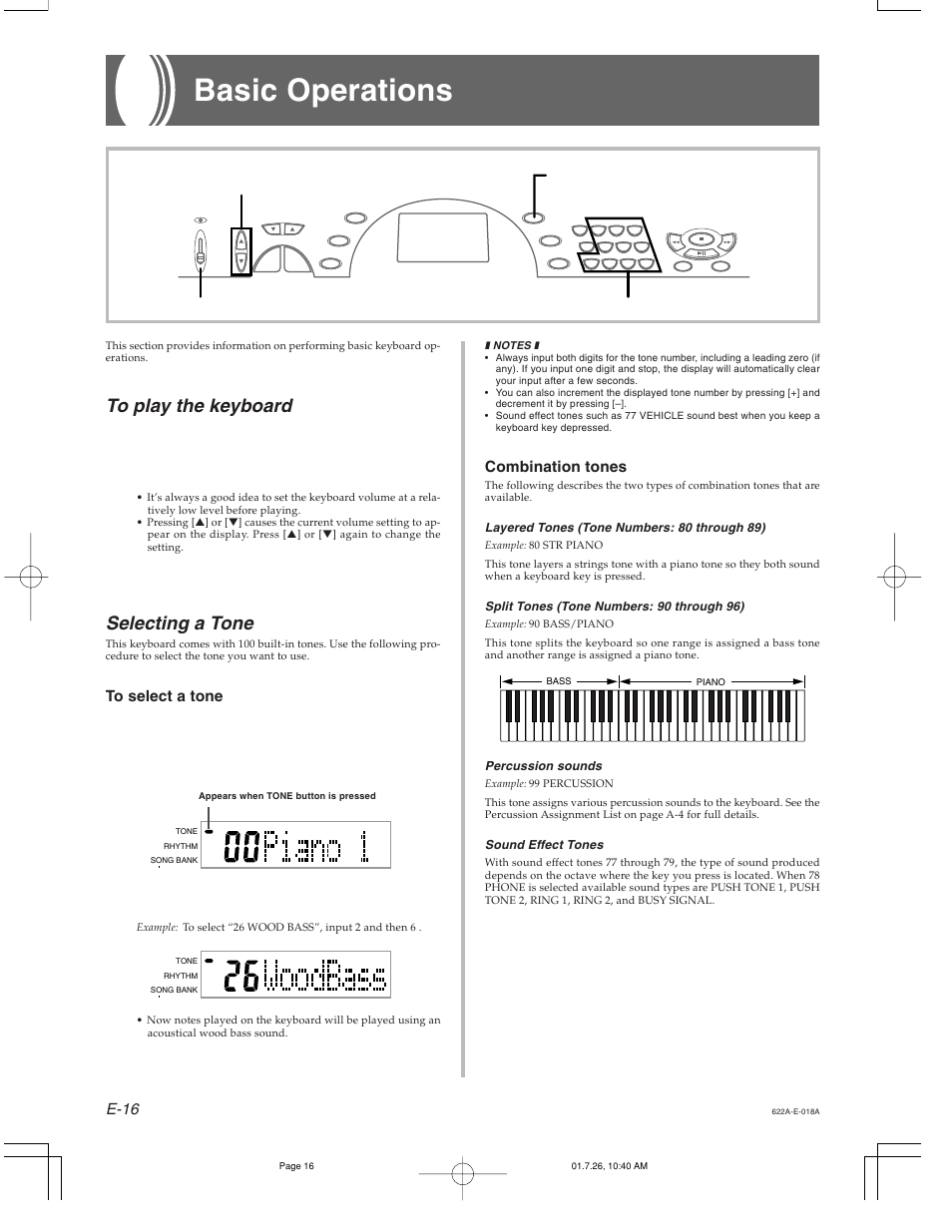 Basic operations, Selecting a tone | Casio CTK-451 User Manual | Page 18 / 46