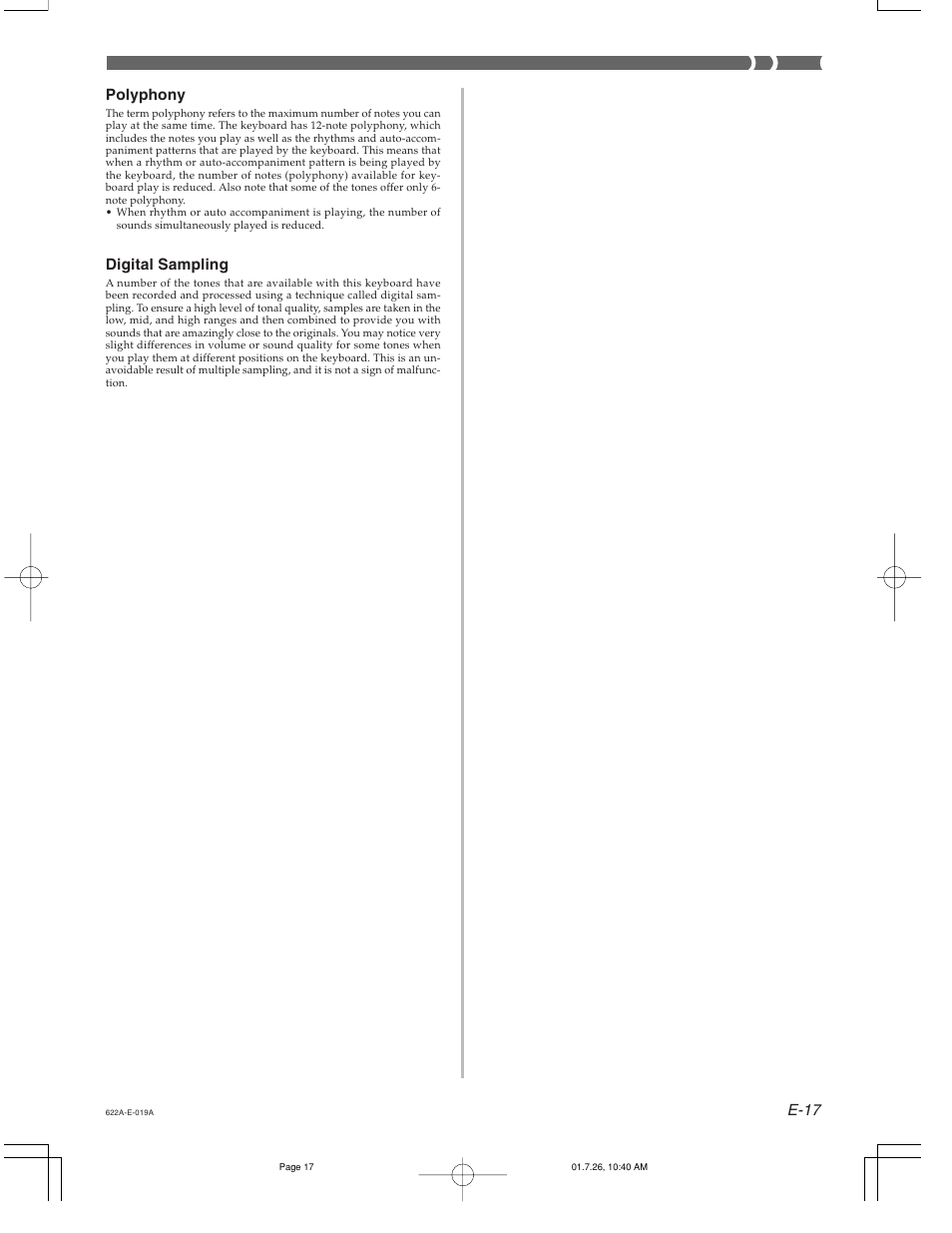 E-17 polyphony, Digital sampling | Casio CTK-451 User Manual | Page 19 / 46