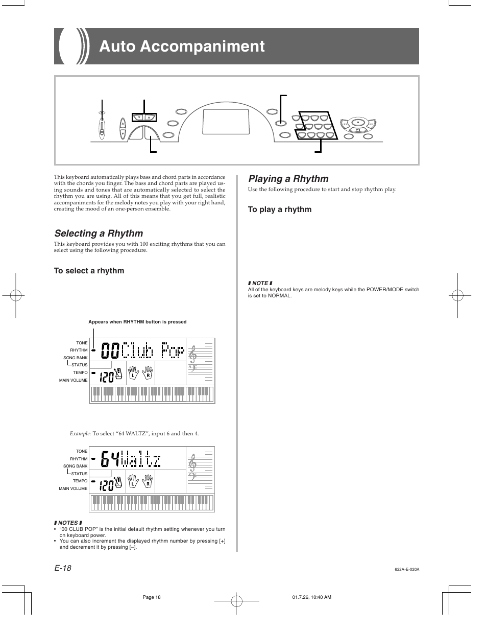 Auto accompaniment, Playing a rhythm, Selecting a rhythm | Casio CTK-451 User Manual | Page 20 / 46