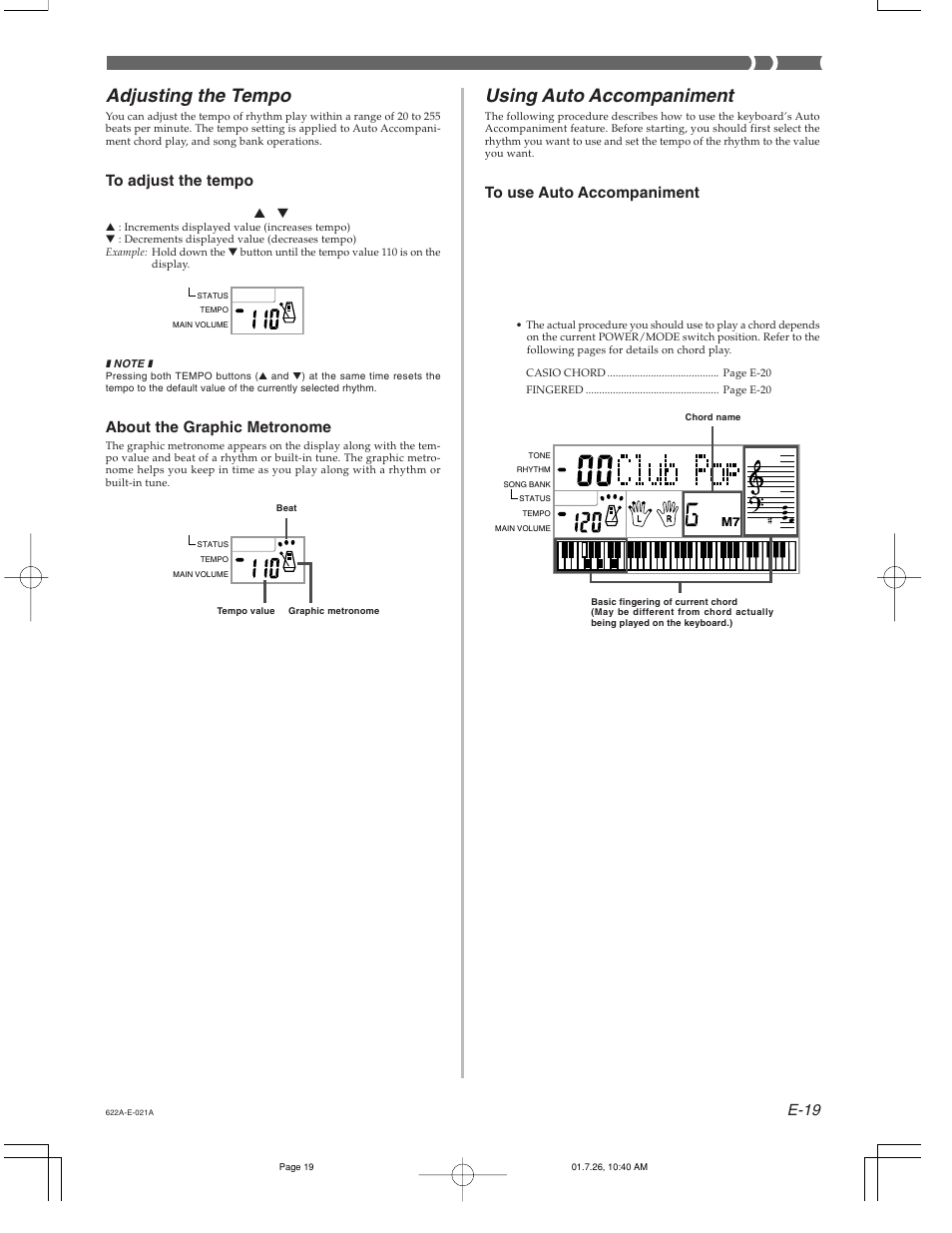 Using auto accompaniment, Adjusting the tempo, E-19 | About the graphic metronome | Casio CTK-451 User Manual | Page 21 / 46