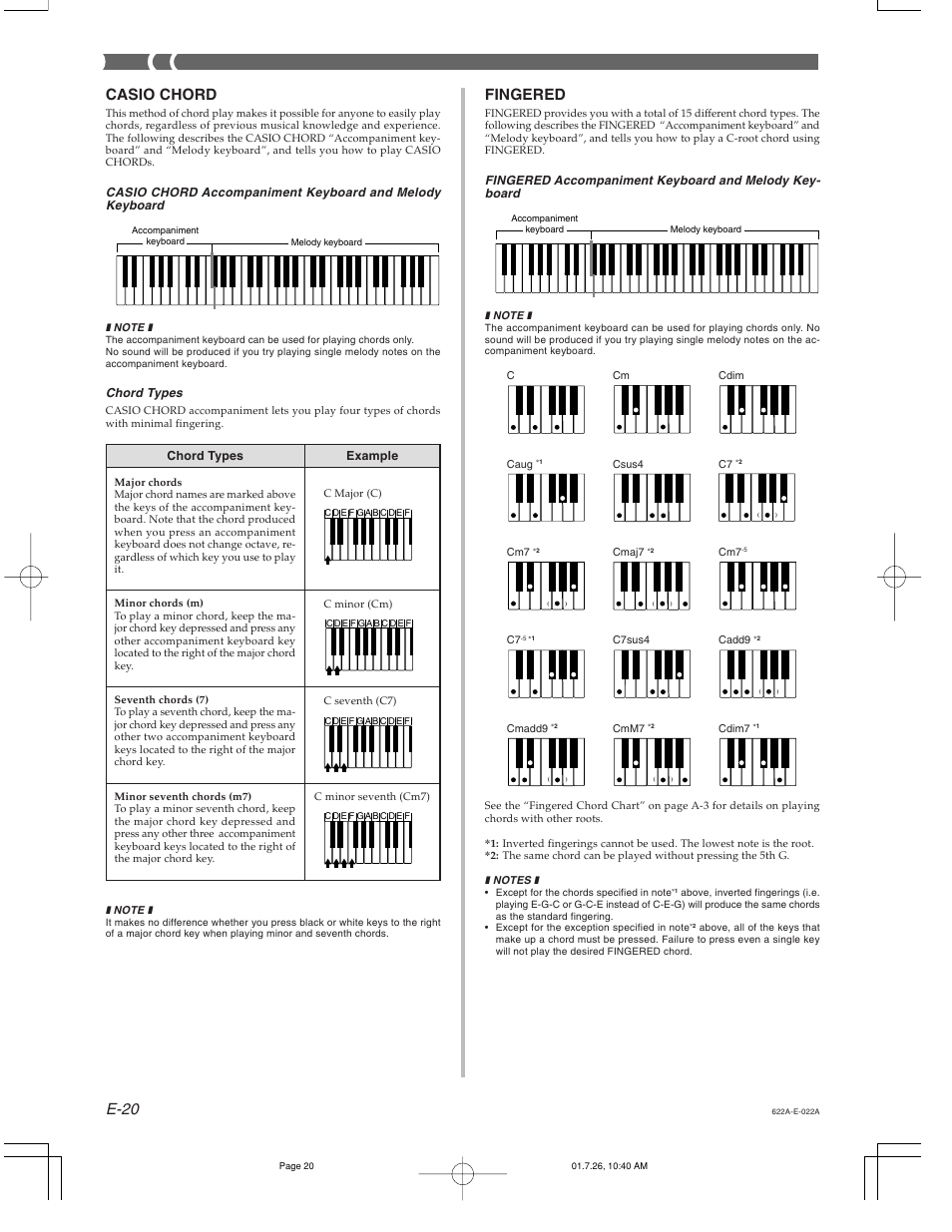 E-20, Casio chord, Fingered | Casio CTK-451 User Manual | Page 22 / 46