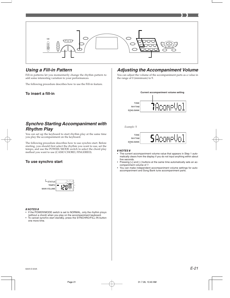 Adjusting the accompaniment volume, Using a fill-in pattern, Synchro starting accompaniment with rhythm play | Casio CTK-451 User Manual | Page 23 / 46