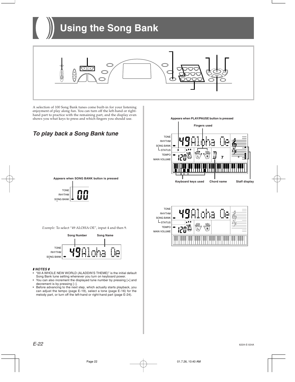Using the song bank, E-22 | Casio CTK-451 User Manual | Page 24 / 46