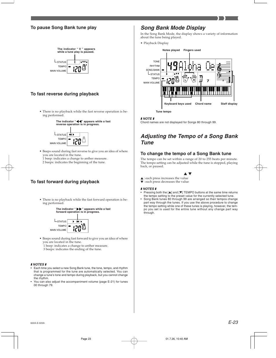 Song bank mode display, Adjusting the tempo of a song bank tune, E-23 | Casio CTK-451 User Manual | Page 25 / 46