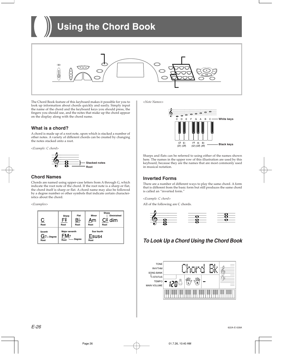 Using the chord book, E-26 chord names, What is a chord | Inverted forms | Casio CTK-451 User Manual | Page 28 / 46