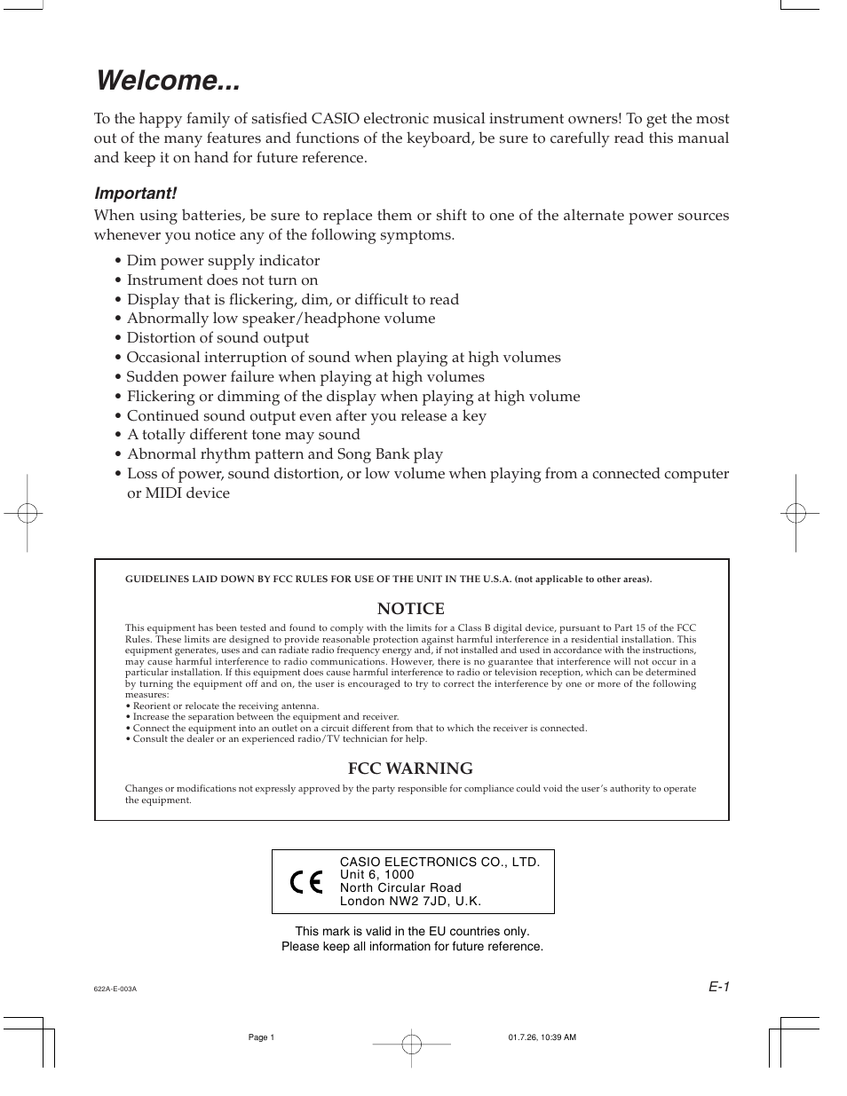 Welcome, Important | Casio CTK-451 User Manual | Page 3 / 46