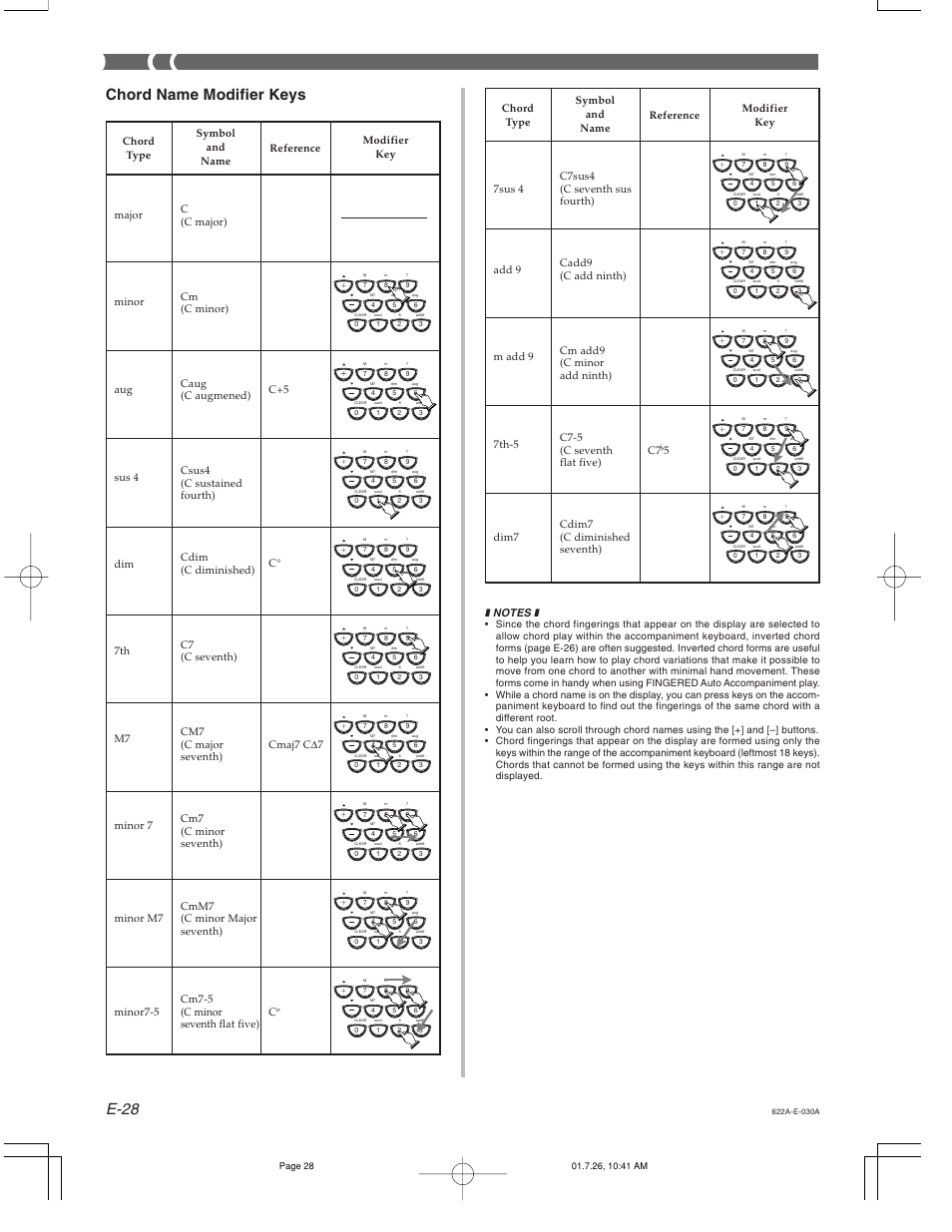 E-28, Chord name modifier keys | Casio CTK-451 User Manual | Page 30 / 46