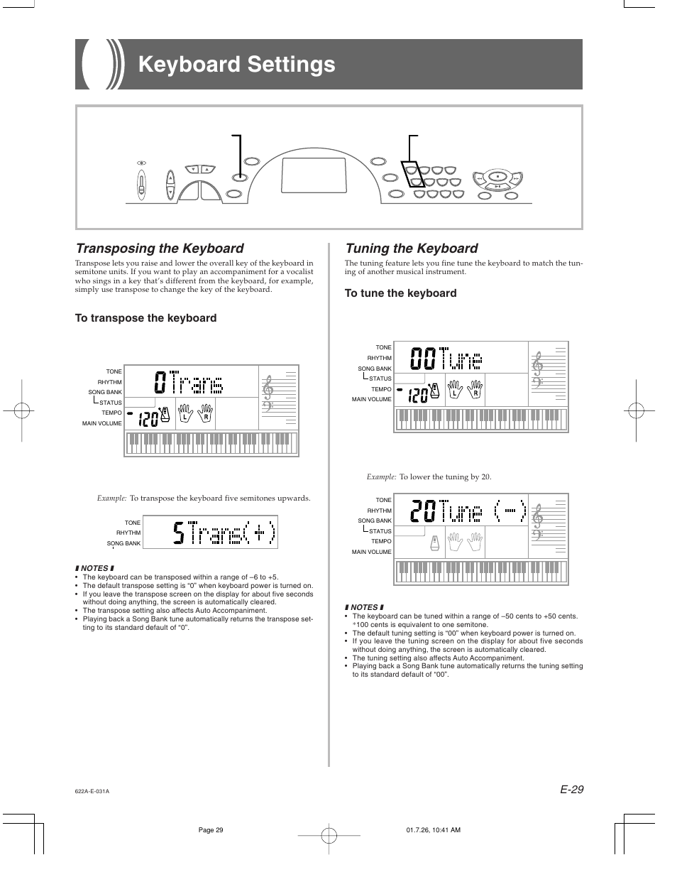Keyboard settings, Tuning the keyboard, Transposing the keyboard | E-29 | Casio CTK-451 User Manual | Page 31 / 46