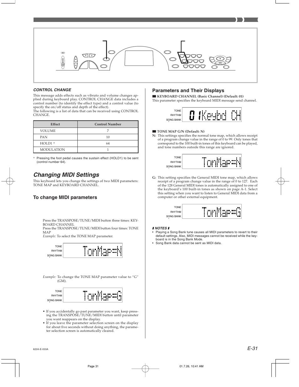Changing midi settings, E-31 parameters and their displays | Casio CTK-451 User Manual | Page 33 / 46