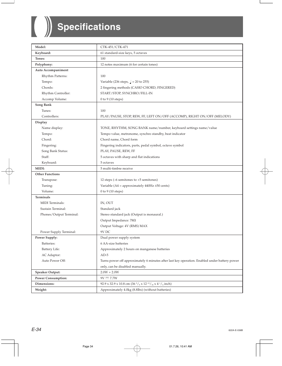 Specifications, E-34 | Casio CTK-451 User Manual | Page 36 / 46