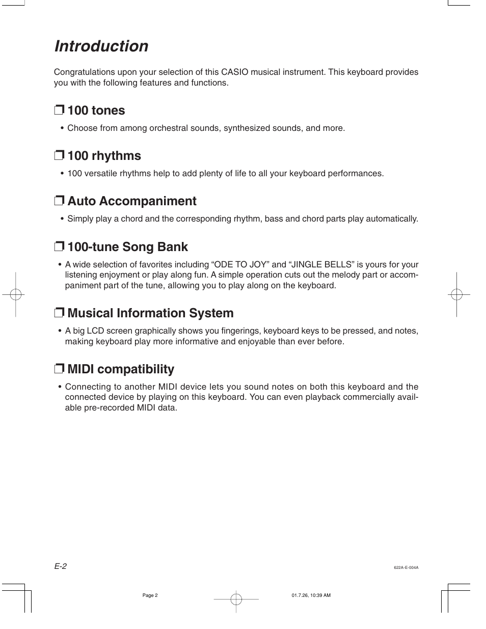 Introduction, 100 tones, 100 rhythms | Auto accompaniment, Tune song bank, Musical information system, Midi compatibility | Casio CTK-451 User Manual | Page 4 / 46