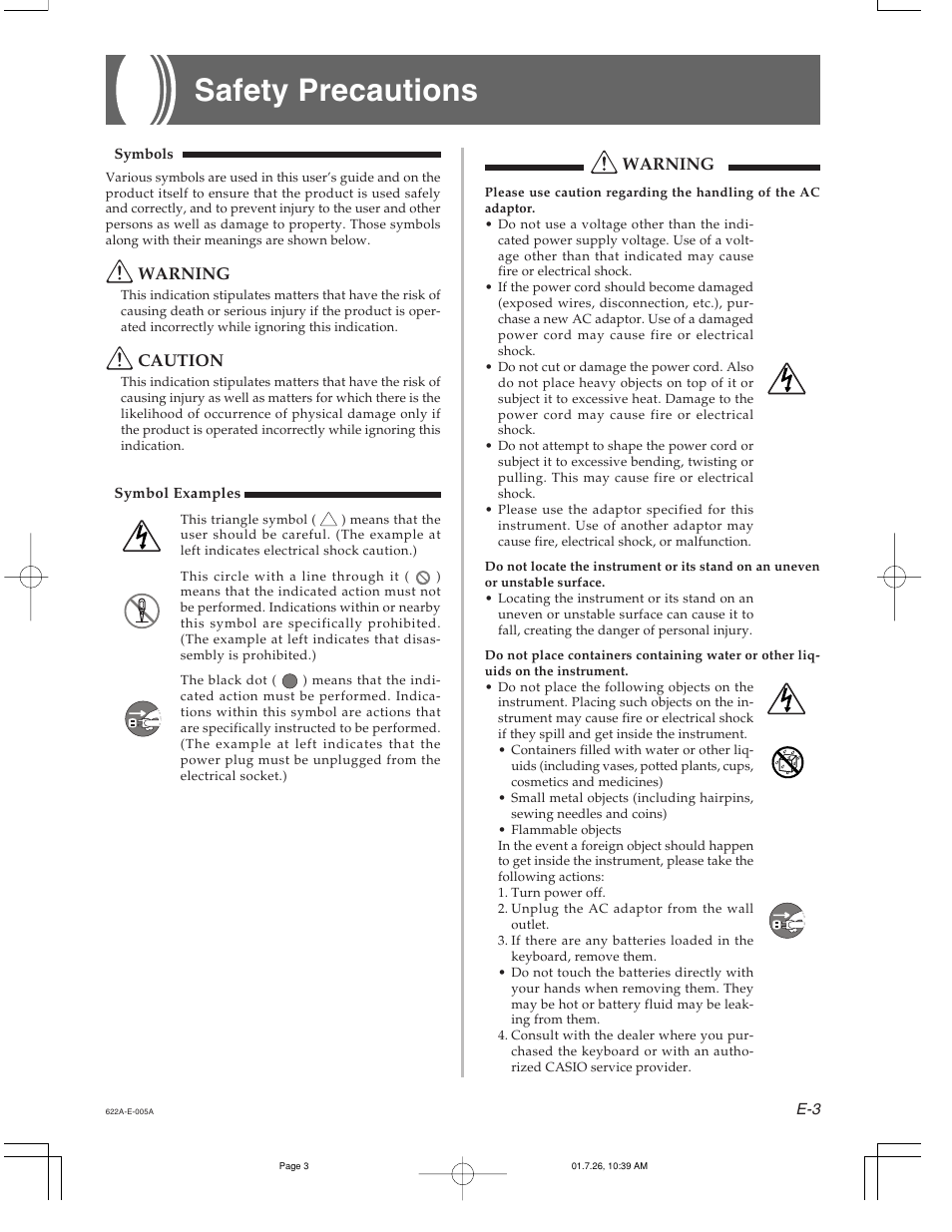 Safety precautions, Warning, Caution | Casio CTK-451 User Manual | Page 5 / 46