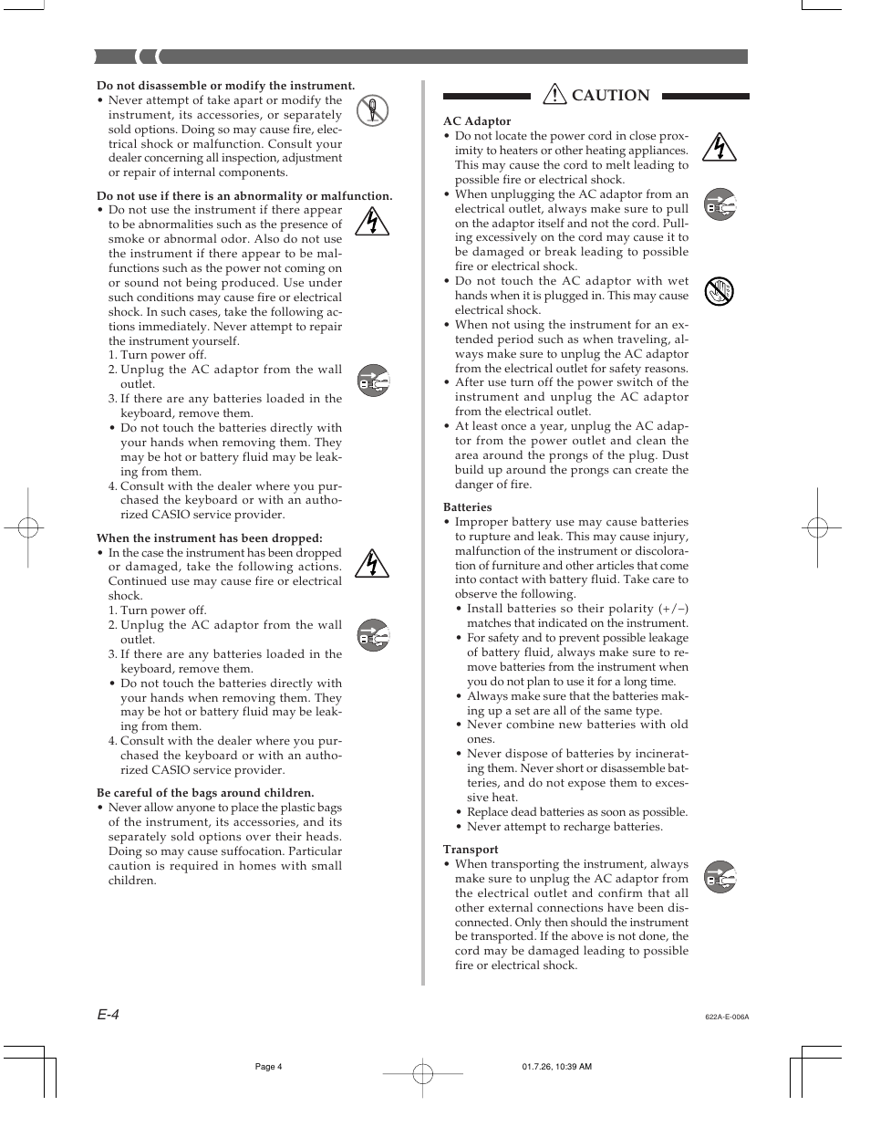 Caution | Casio CTK-451 User Manual | Page 6 / 46