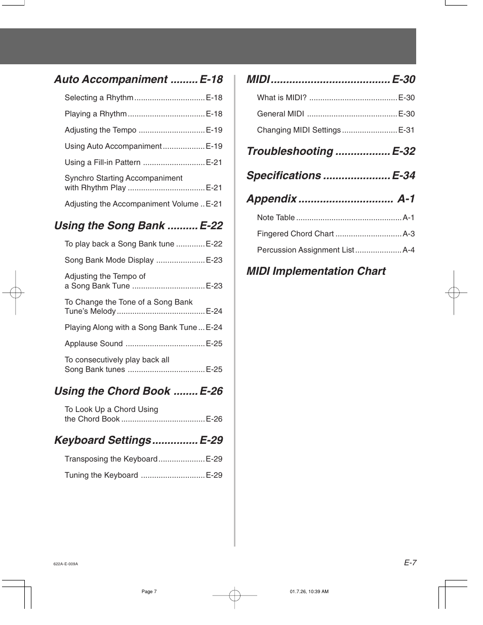 Auto accompaniment ......... e-18, Using the song bank .......... e-22, Using the chord book ........ e-26 | Keyboard settings ............... e-29, Midi ....................................... e-30, Midi implementation chart | Casio CTK-451 User Manual | Page 9 / 46