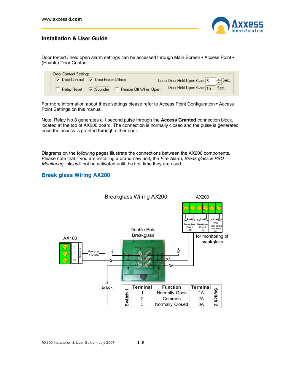 Installation & user guide, Break glass wiring ax200, Breakglass wiring ax200 | Casio AX200 User Manual | Page 15 / 118