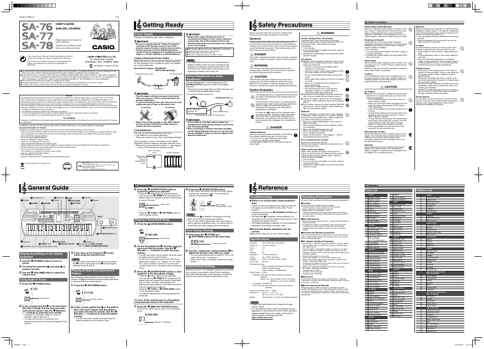 Casio SA-77 User Manual | 2 pages