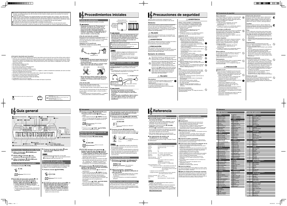 Procedimientos iniciales, Guía general, Precauciones de seguridad | Referencia | Casio SA-77 User Manual | Page 2 / 2