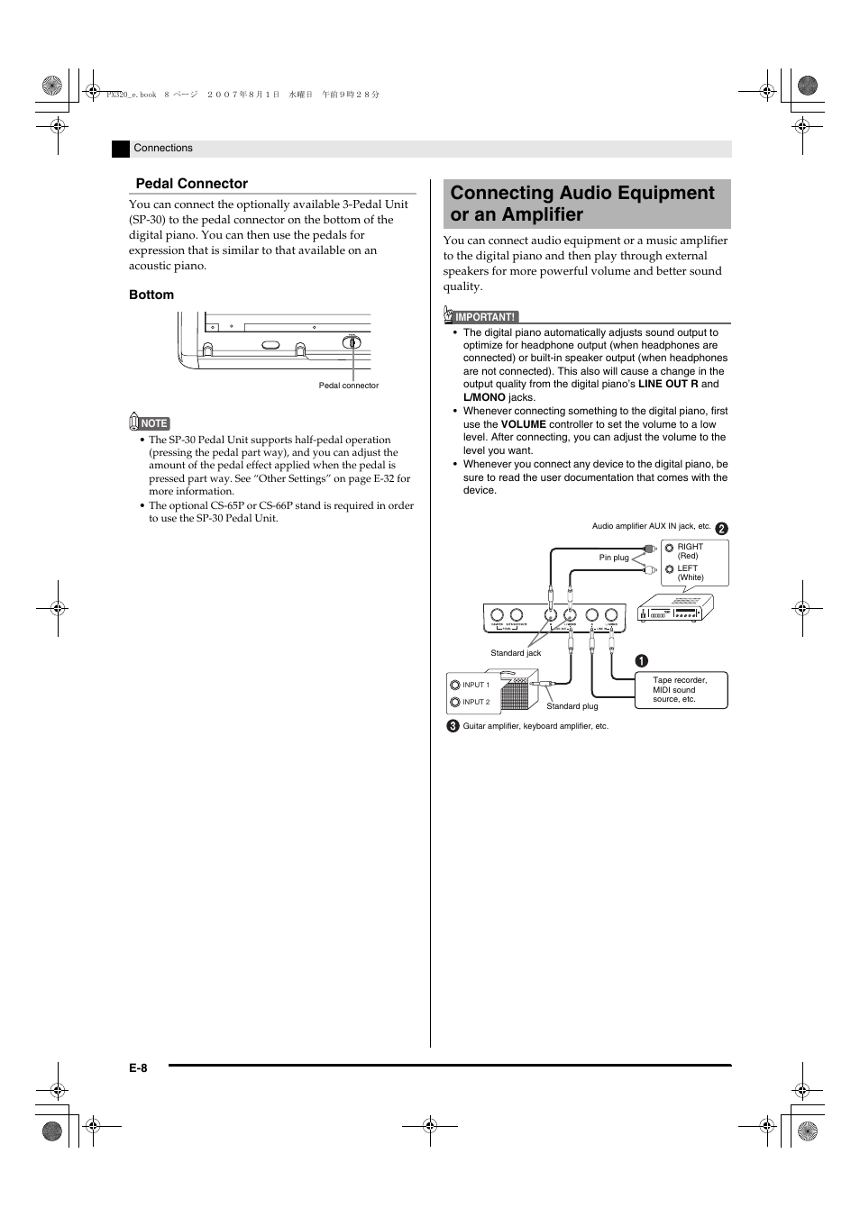 Connecting audio equipment or an amplifier, Pedal connector | Casio keyboard PX-320 User Manual | Page 10 / 62