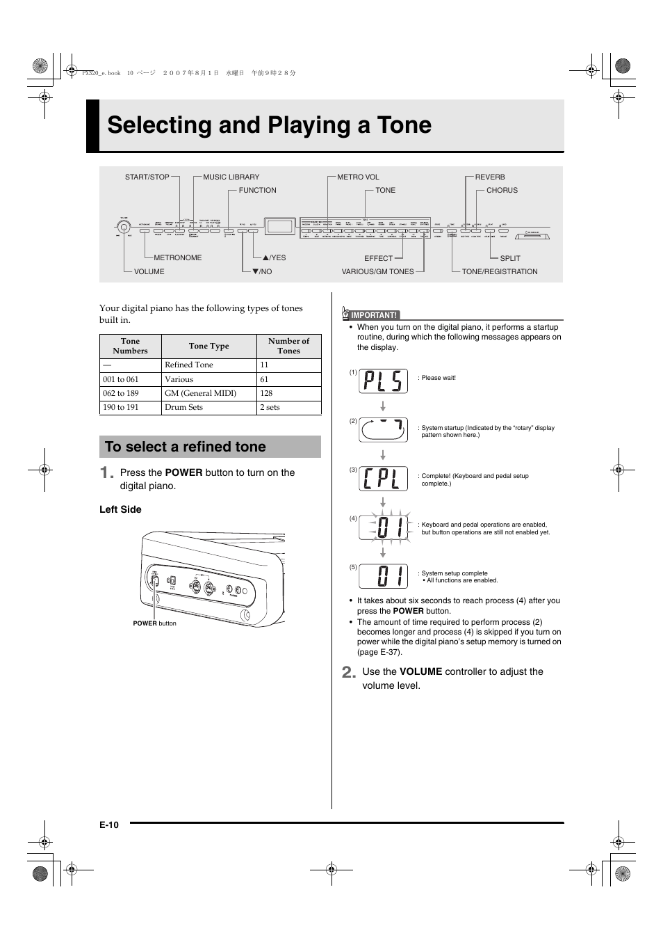 Selecting and playing a tone | Casio keyboard PX-320 User Manual | Page 12 / 62