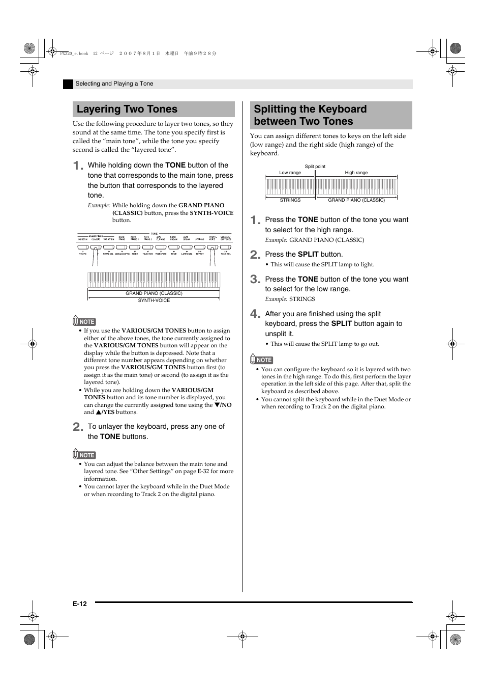 Layering two tones, Splitting the keyboard between two tones | Casio keyboard PX-320 User Manual | Page 14 / 62