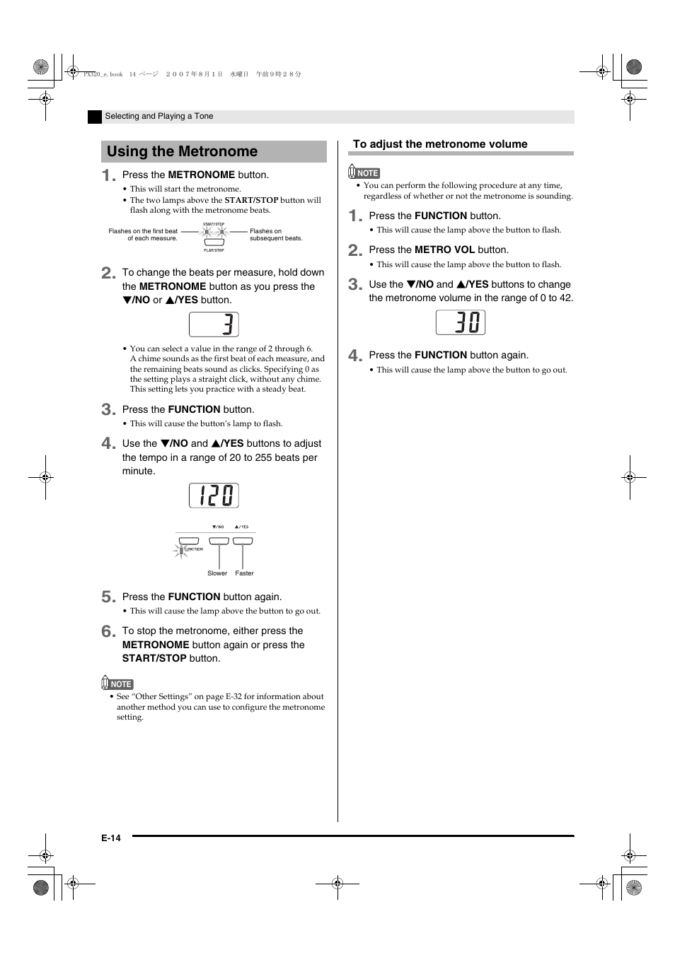 Using the metronome | Casio keyboard PX-320 User Manual | Page 16 / 62