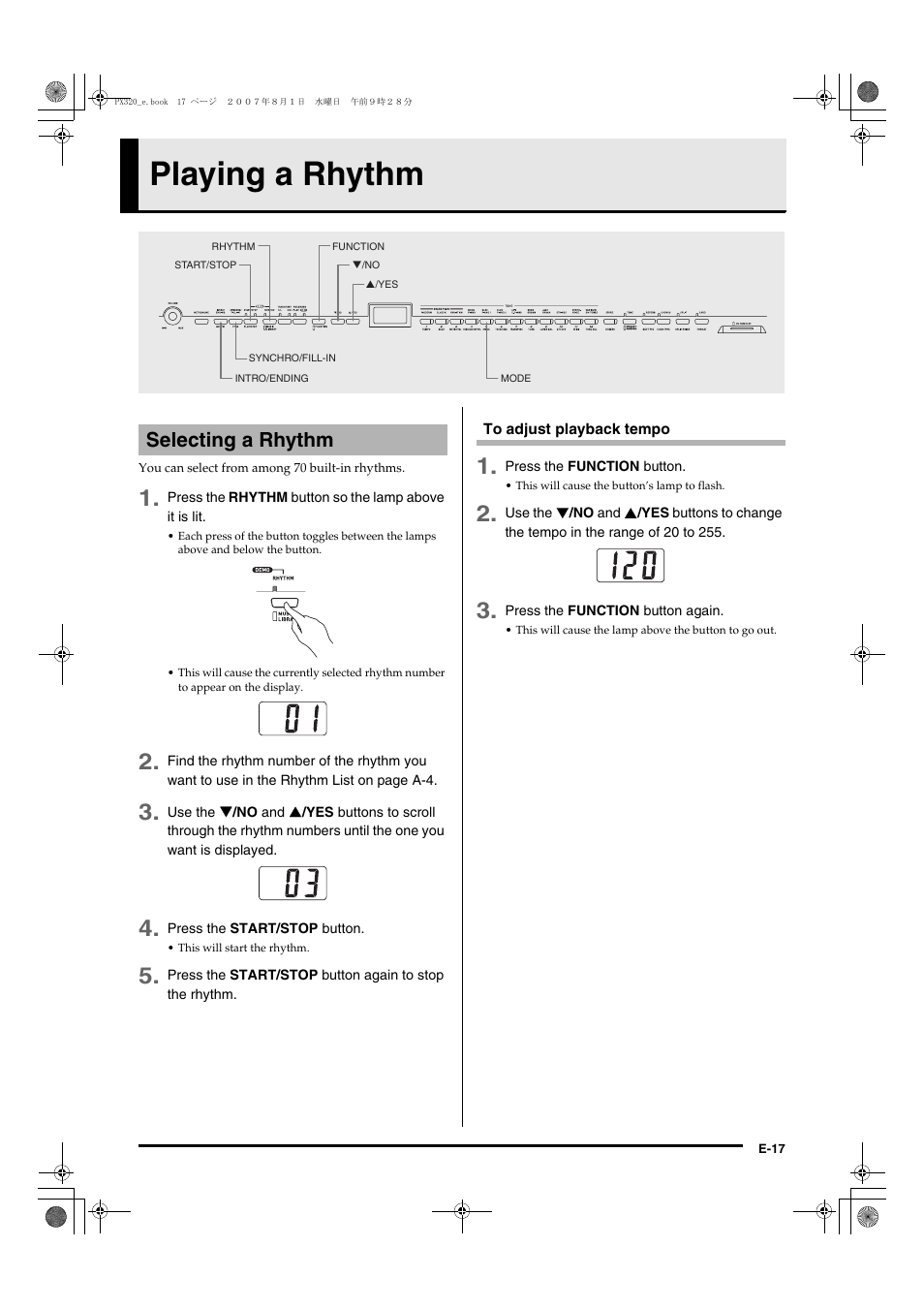 Playing a rhythm, Selecting a rhythm | Casio keyboard PX-320 User Manual | Page 19 / 62