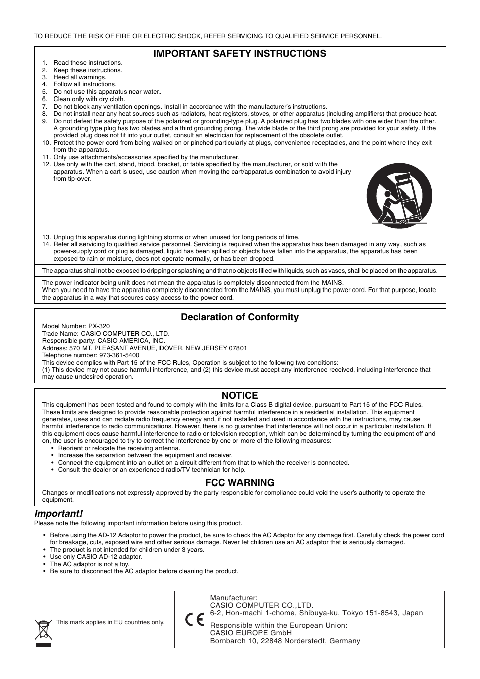 Important, Important safety instructions, Declaration of conformity | Notice, Fcc warning | Casio keyboard PX-320 User Manual | Page 2 / 62