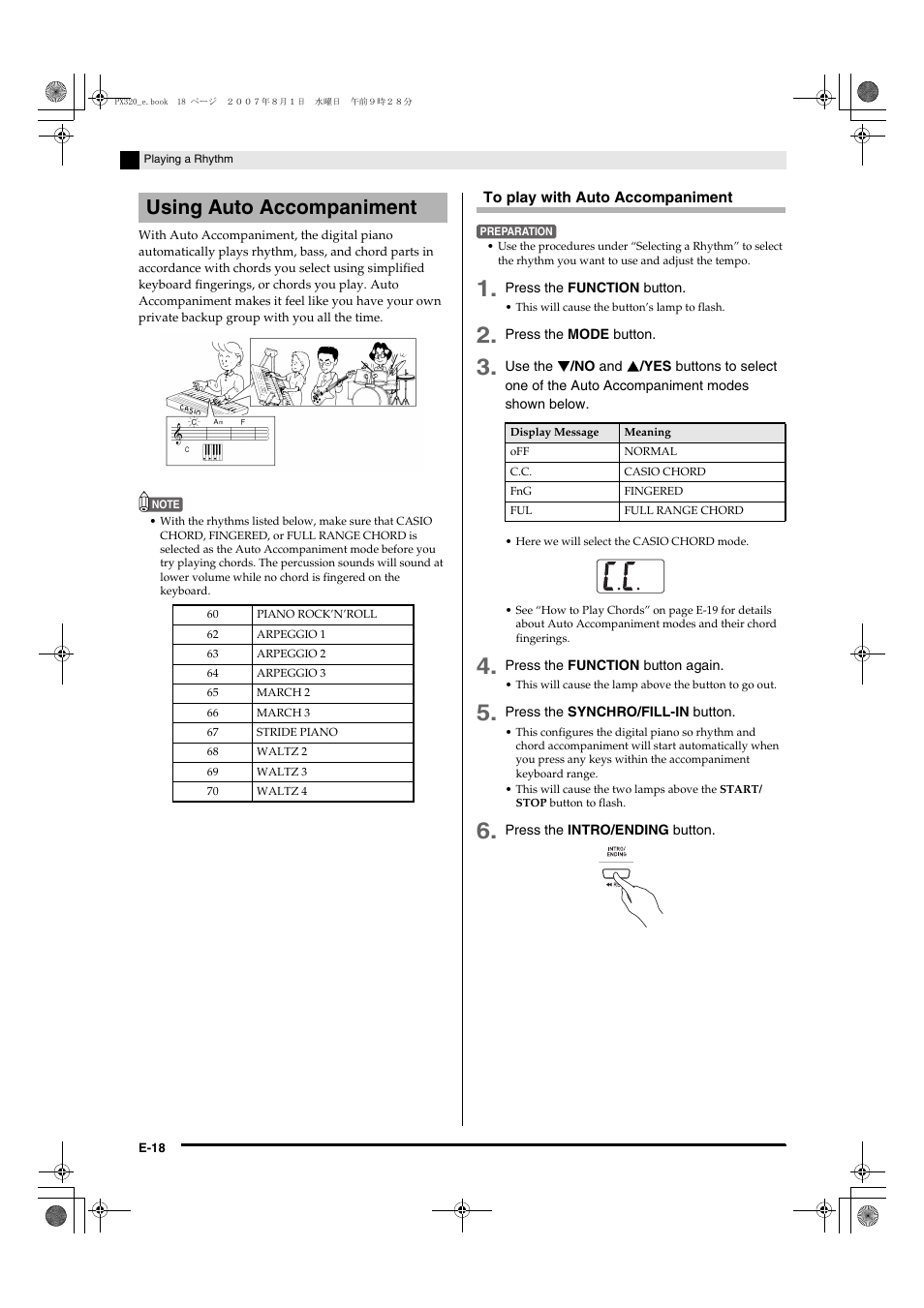 Using auto accompaniment | Casio keyboard PX-320 User Manual | Page 20 / 62