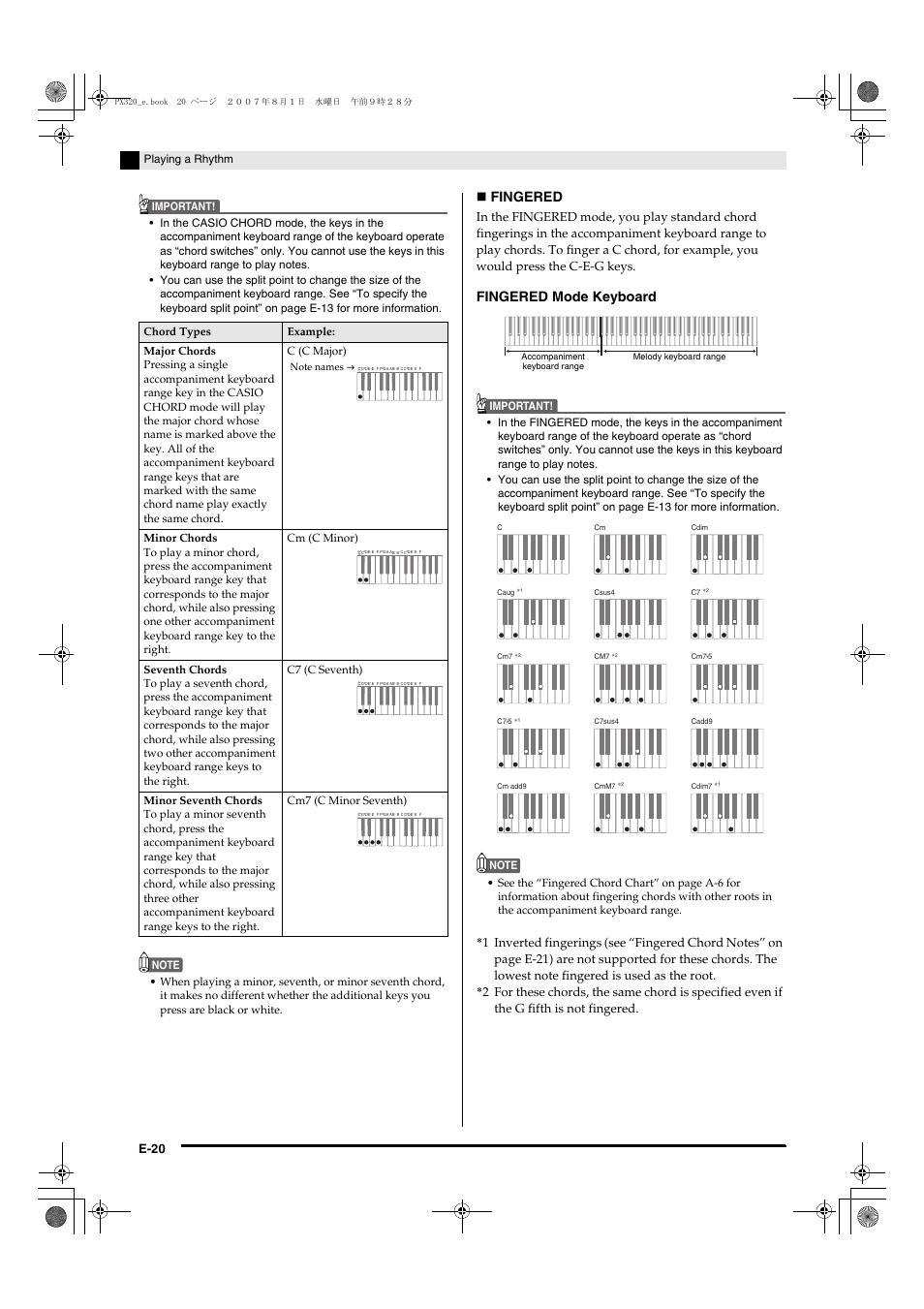 Fingered, Fingered mode keyboard, E-20 | Casio keyboard PX-320 User Manual | Page 22 / 62