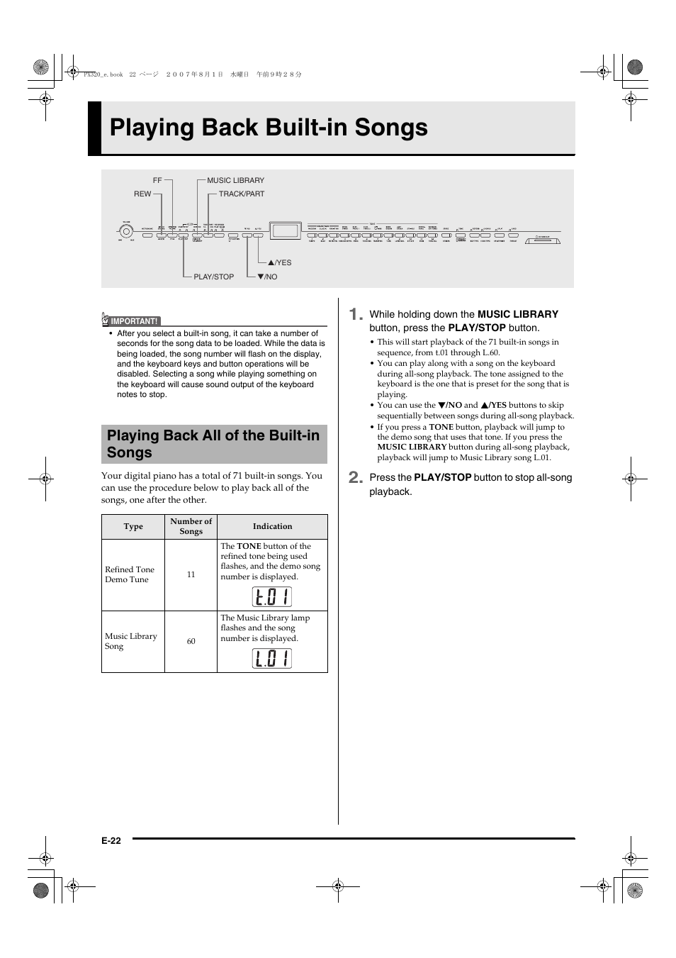 Playing back built-in songs, Playing back all of the built-in songs | Casio keyboard PX-320 User Manual | Page 24 / 62