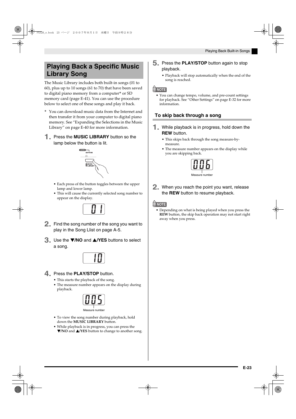 Playing back a specific music library song | Casio keyboard PX-320 User Manual | Page 25 / 62