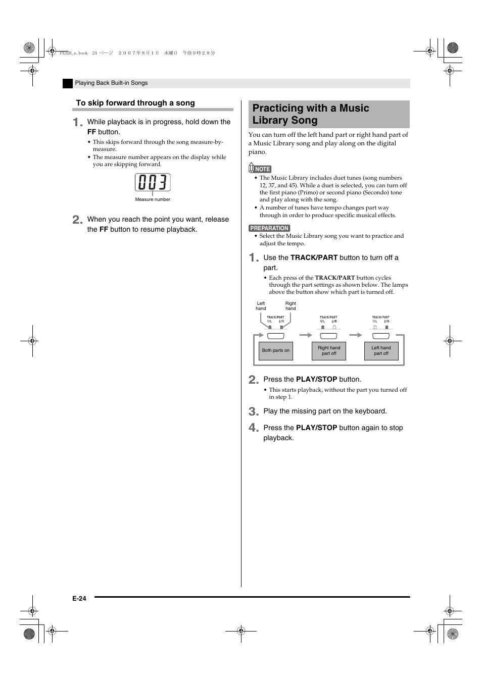 Practicing with a music library song | Casio keyboard PX-320 User Manual | Page 26 / 62