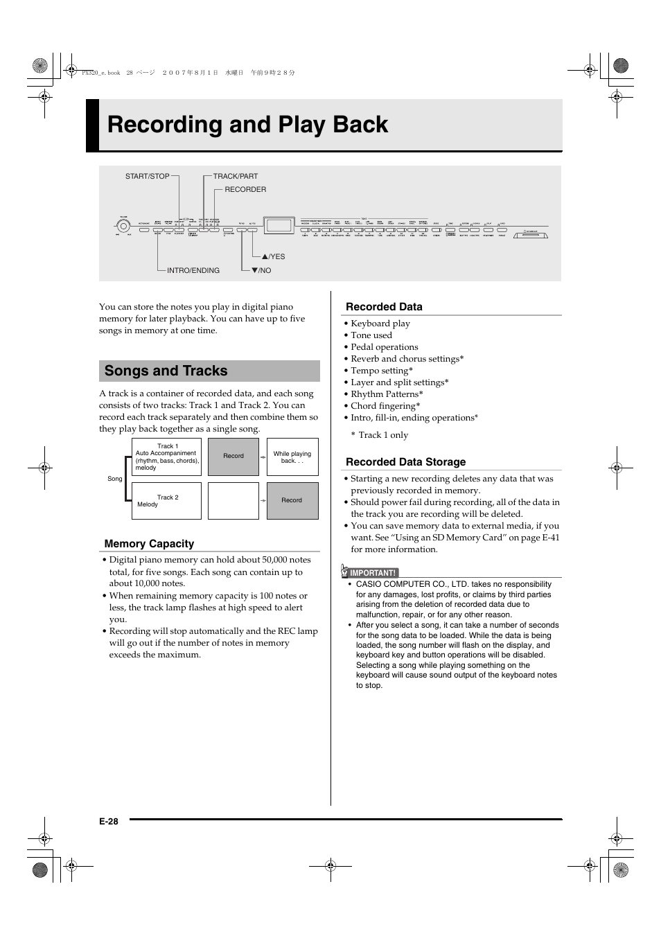 Recording and play back, Songs and tracks | Casio keyboard PX-320 User Manual | Page 30 / 62