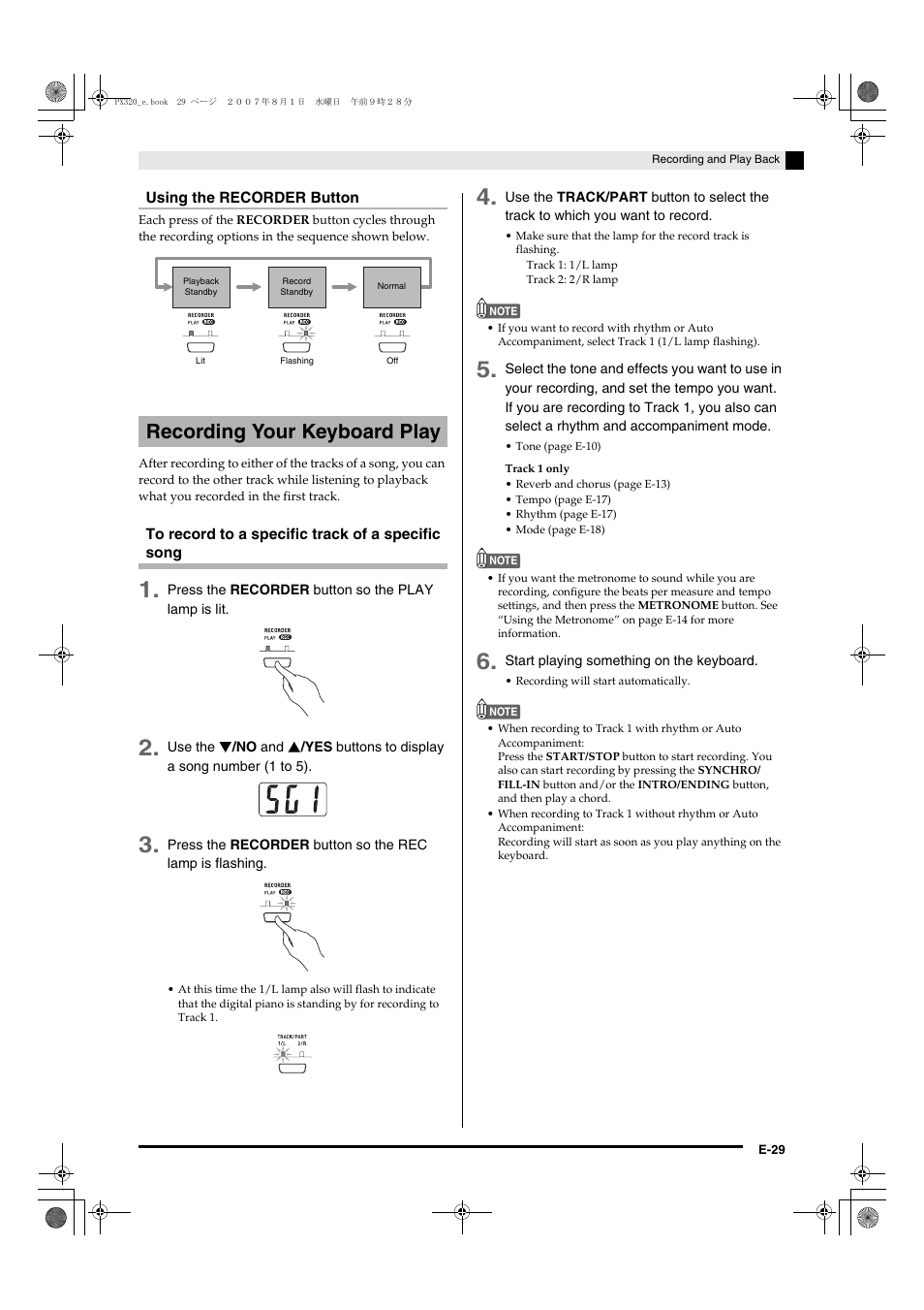 Recording your keyboard play | Casio keyboard PX-320 User Manual | Page 31 / 62