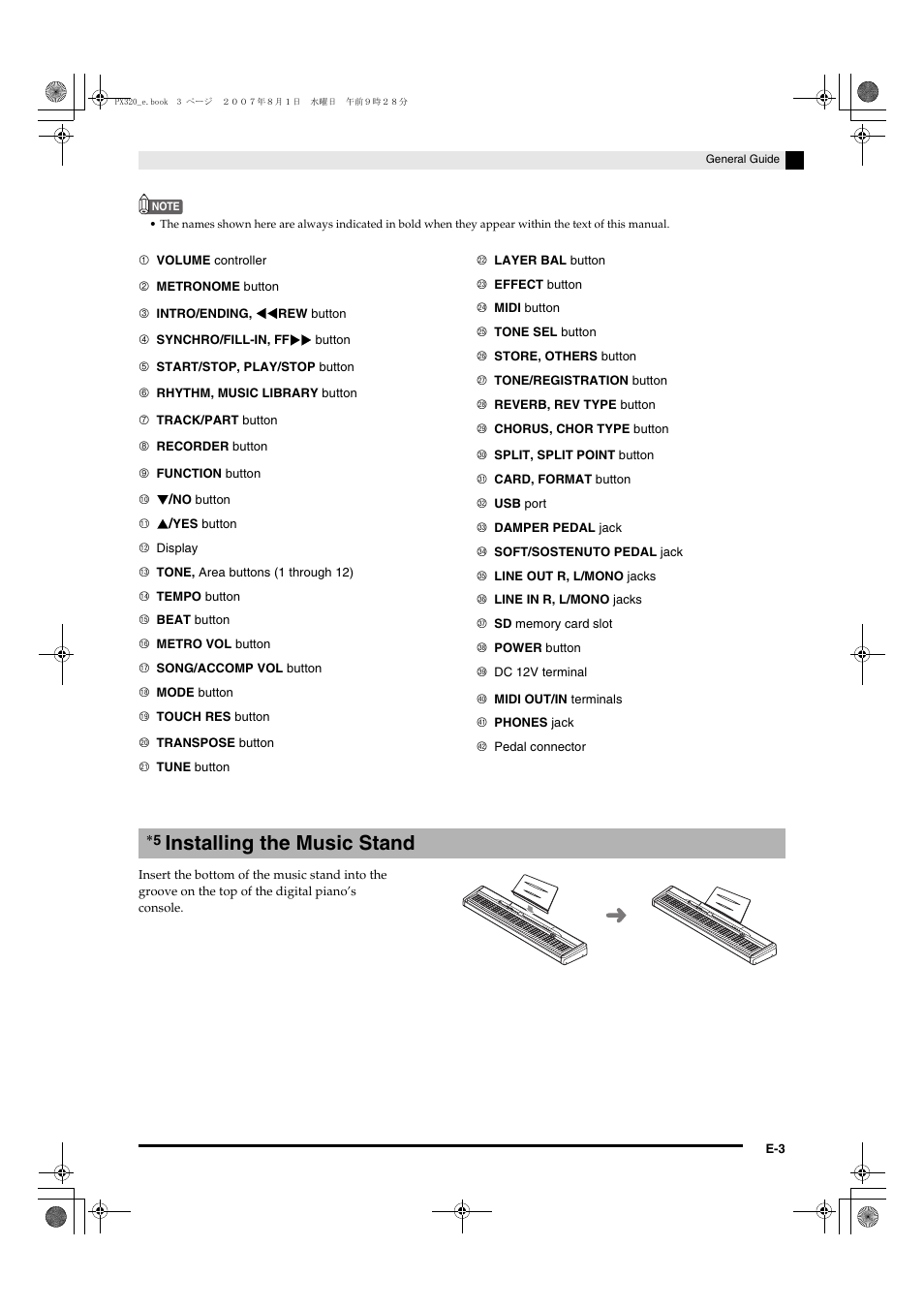 Installing the music stand | Casio keyboard PX-320 User Manual | Page 5 / 62