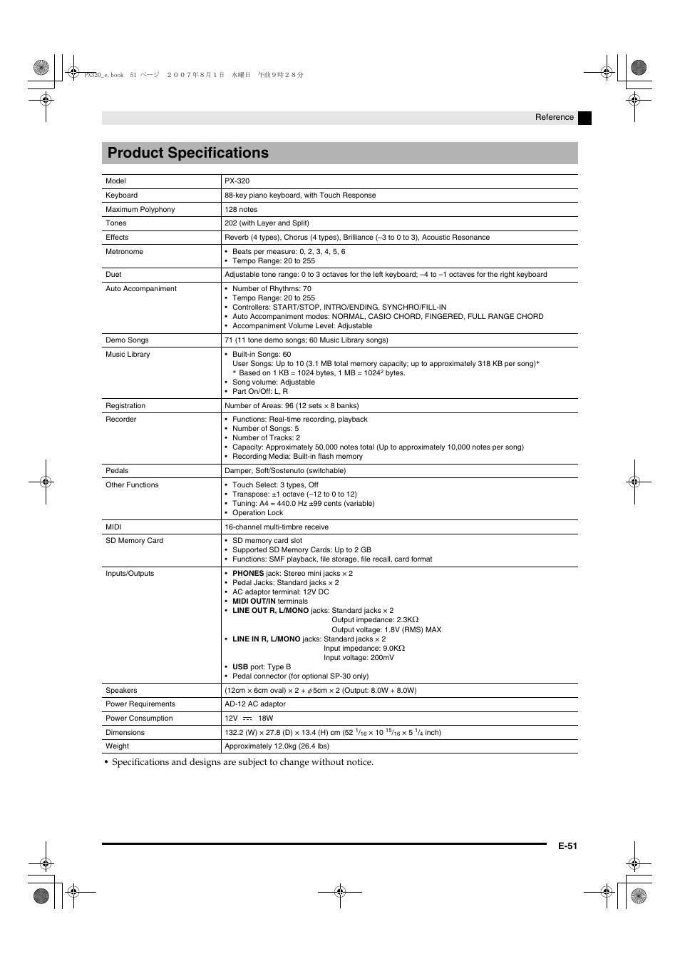 Product specifications | Casio keyboard PX-320 User Manual | Page 53 / 62