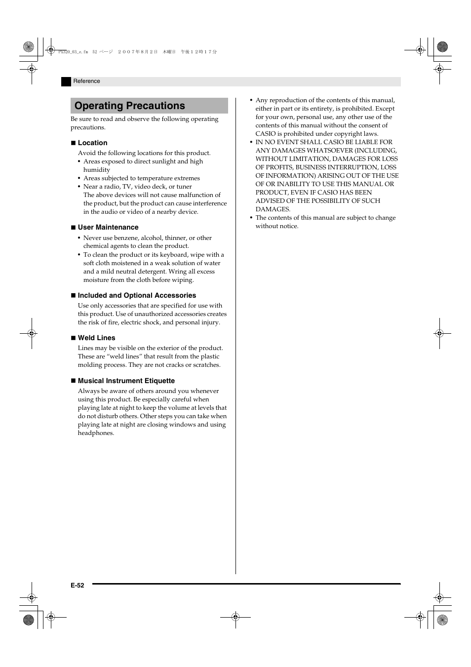 Operating precautions | Casio keyboard PX-320 User Manual | Page 54 / 62