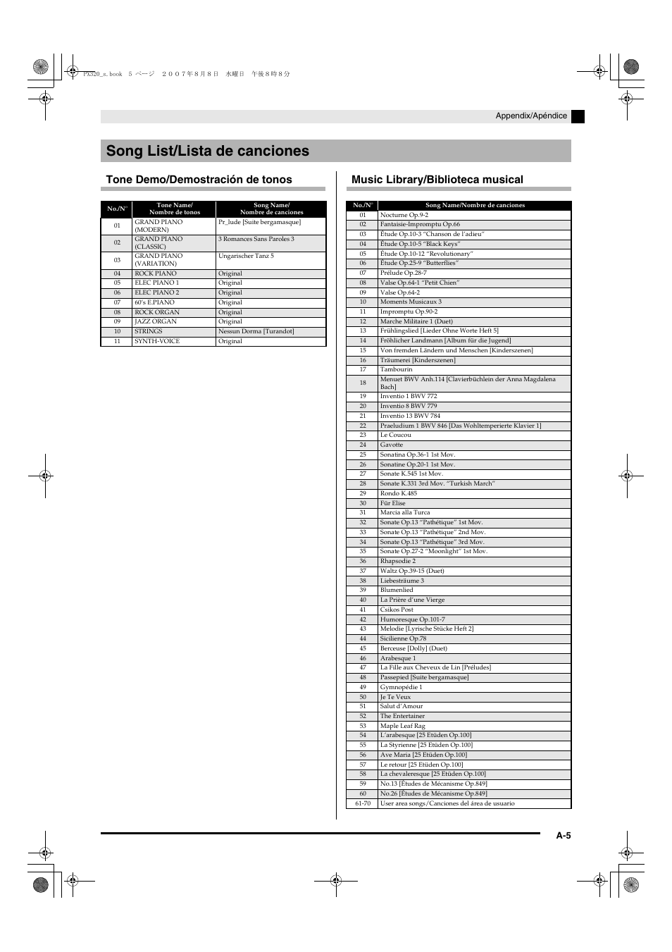 Song list/lista de canciones | Casio keyboard PX-320 User Manual | Page 59 / 62