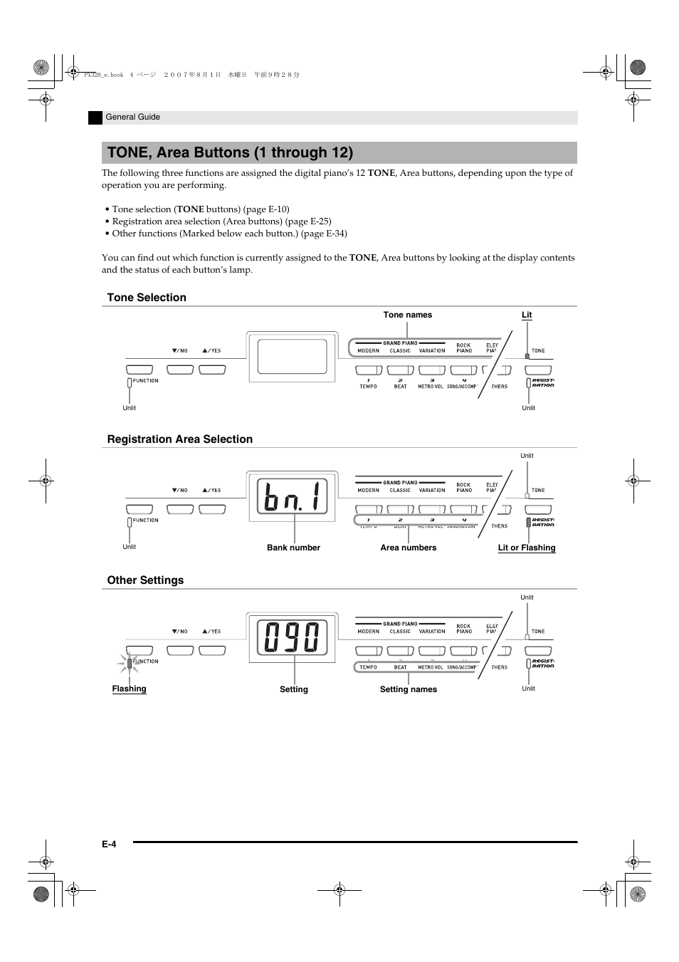 Tone, area buttons (1 through 12) | Casio keyboard PX-320 User Manual | Page 6 / 62