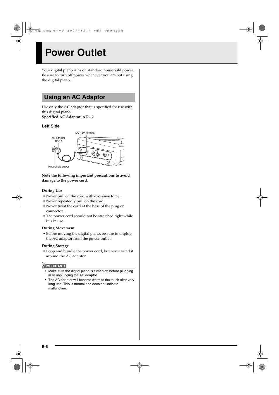 Power outlet, Using an ac adaptor | Casio keyboard PX-320 User Manual | Page 8 / 62