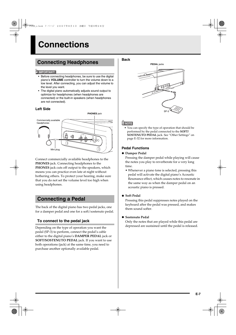 Connections, Connecting headphones connecting a pedal | Casio keyboard PX-320 User Manual | Page 9 / 62