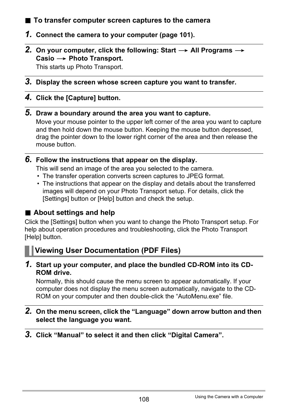 Viewing user documentation (pdf files) | Casio EXILIM K1100PCM1DMX User Manual | Page 108 / 167