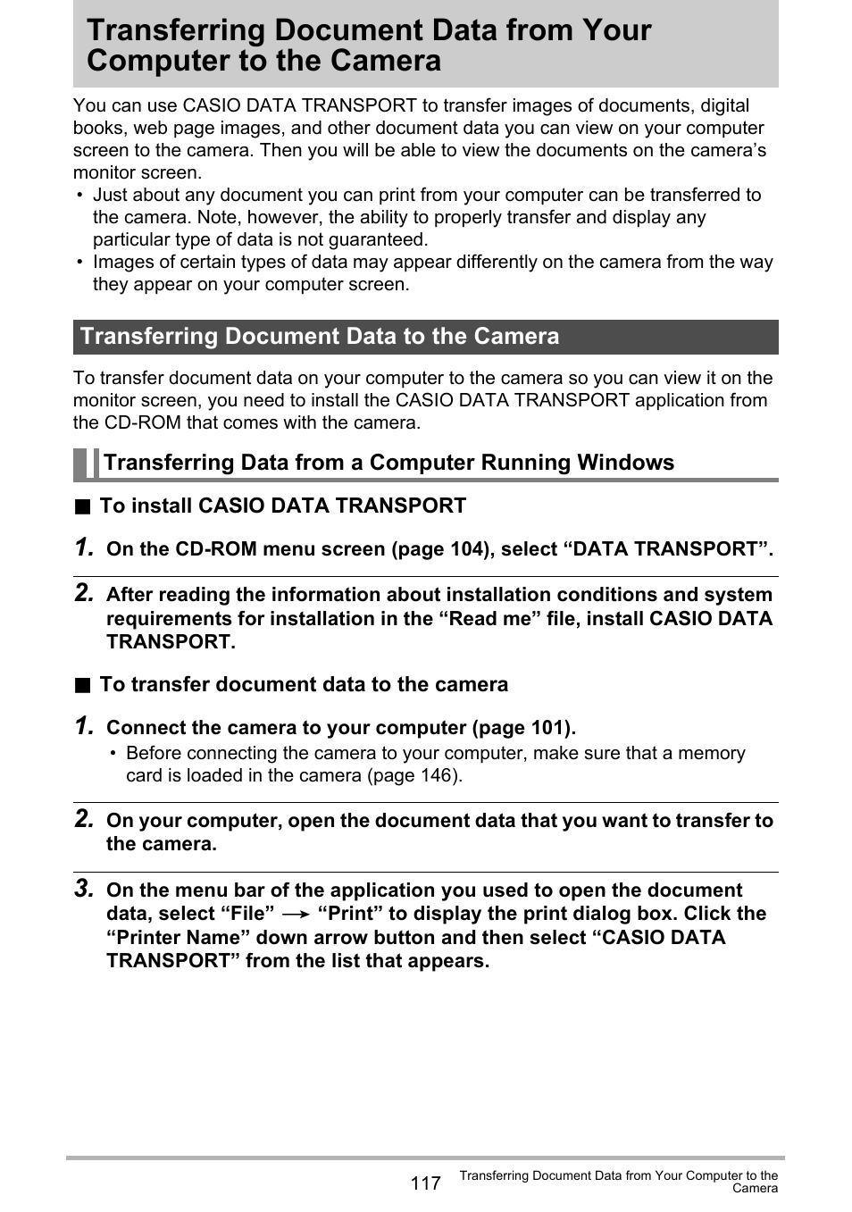 Transferring document data to the camera, Transferring data from a computer running windows, Transferring document data from your computer | To the camera | Casio EXILIM K1100PCM1DMX User Manual | Page 117 / 167